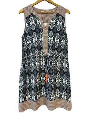 DR2 Printed Mini Dress Tassel Tie Navy Teal Sleeveless